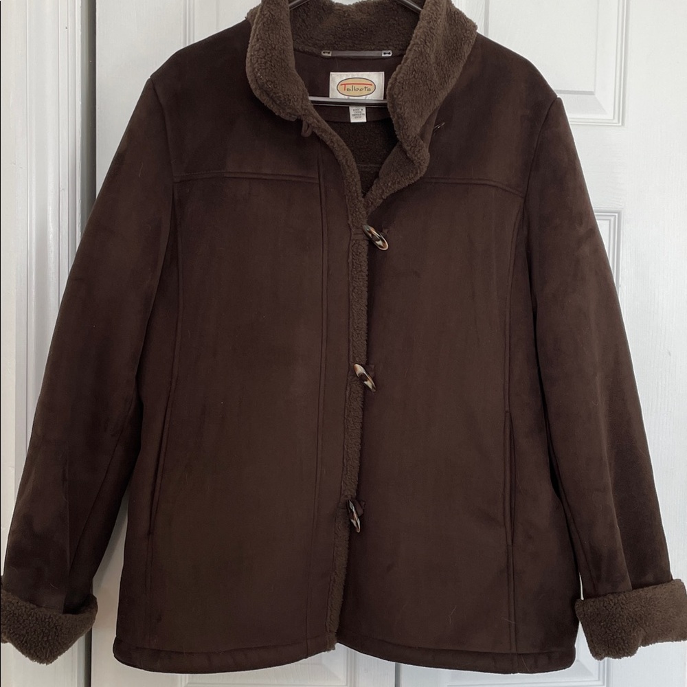 VTG XL Talbots faux suede/sherpa coat Toggle Button down Chocolate brown winter - Picture 9 of 14